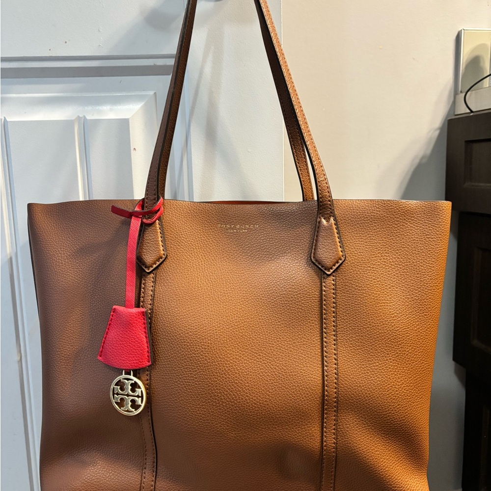 Tory Burch Tan Leather Tote with Red Accent- used once and left in my closet